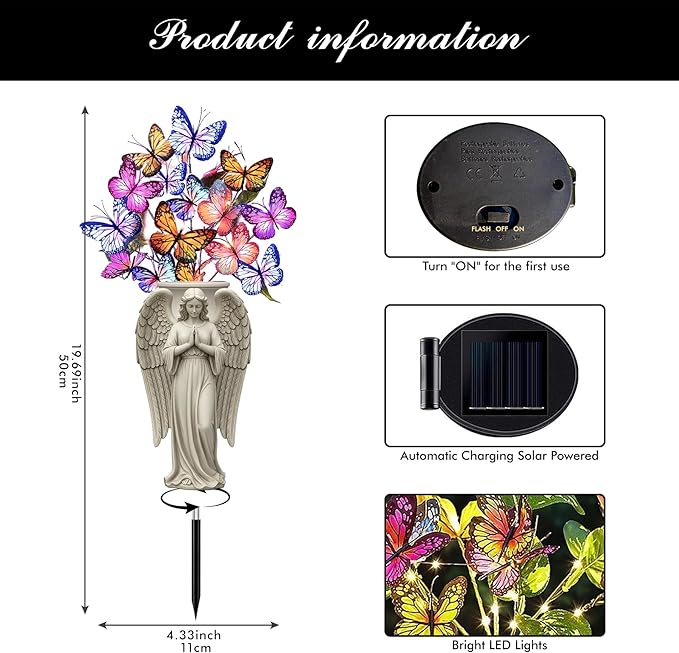 Solar Angel Grave Decorations - Metal Silhouette Memorial Stake with Butterfly Lights, Flat Garden Decor for Cemetery, Sympathy Gift(Angel with Flowers)
