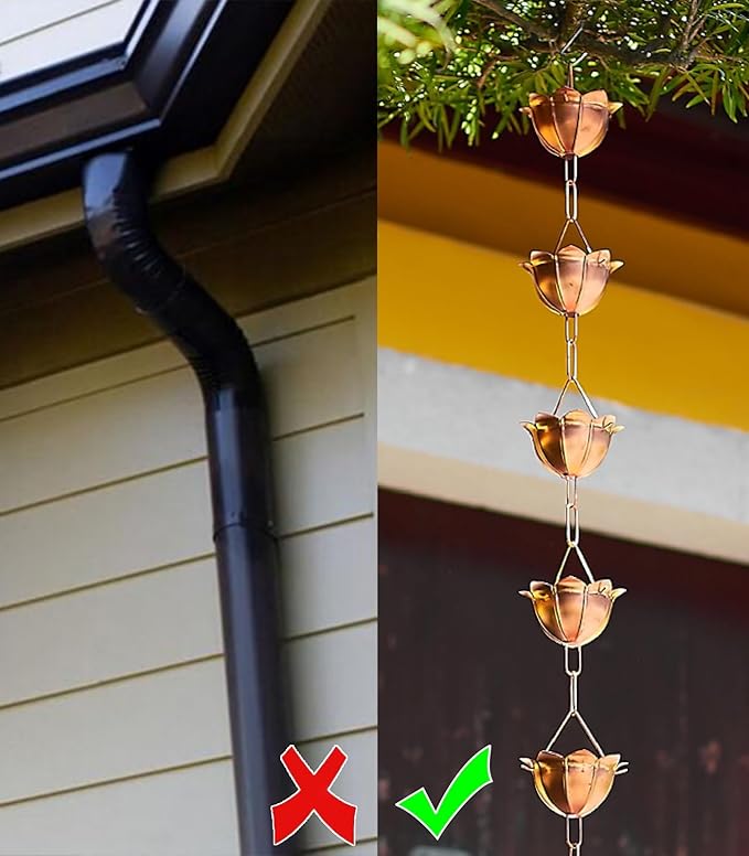 Outside Hanging Rain Catcher Rain CupsChime, Hanging Flower Japanese for Rain Gutter & Eaves Drainage, Garden Decoration Pure Copper Downspout Water Chain