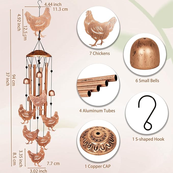 GDNSFIT Chicken Wind Chimes for Outside, Metal Windchimes Outdoors, Chicken Gifts for Women/Men, Memorial/Birthday Gifts, Garden Decor for Outside, Patio or Yard, Durable Chimes for Outdoors