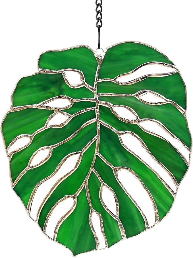 Tuitessine Monstera Stained Glass Suncatcher Window Decor,Tropical Leaf Hanging Ornament 7.5 x 6.5, Handmade Glass Panel for Home & Garden,Unique Birthday Gift for Plant Lovers