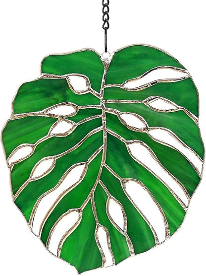 Tuitessine Monstera Stained Glass Suncatcher Window Decor,Tropical Leaf Hanging Ornament 7.5 x 6.5, Handmade Glass Panel for Home & Garden,Unique Birthday Gift for Plant Lovers