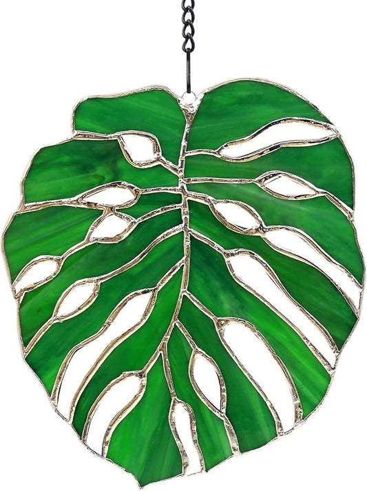 Tuitessine Monstera Stained Glass Suncatcher Window Decor,Tropical Leaf Hanging Ornament 7.5 x 6.5, Handmade Glass Panel for Home & Garden,Unique Birthday Gift for Plant Lovers