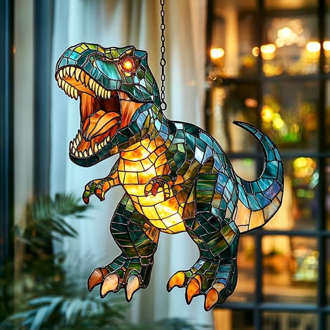 Fierce T-rex Acrylic Suncatcher Stained Glass Effect Window Car Hanging Christmas Ornament Indoor Outdoor Decor Garden Sun Catcher Panel for Dinosaur Lover for Women Mom Grandma