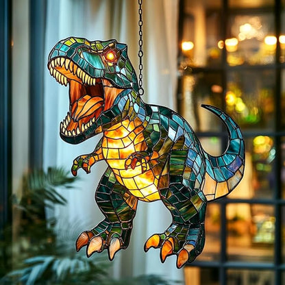 Fierce T-rex Acrylic Suncatcher Stained Glass Effect Window Car Hanging Christmas Ornament Indoor Outdoor Decor Garden Sun Catcher Panel for Dinosaur Lover for Women Mom Grandma