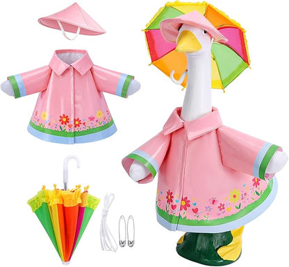 DECOHS 3 Pcs/Set Raincoat Porch Goose Outfits, Summer Lawn Goose Statue Raincoat Costume, Yard Goose Clothes Raincoats Umbrella Hat Outfit for 23" Statue Patio Garden Decoration (Pink)