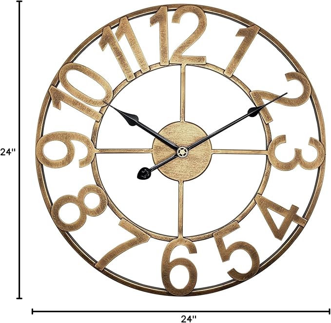 Indoor Outdoor Large Wall Clock，Silent Analog Battery Operated 24 Inch Metal Wall Clock for Patio, Porch, Pool Area, Kitchen, Living Room, Farmhouse Decor - Vintage Gold