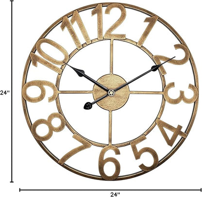 Indoor Outdoor Large Wall Clock，Silent Analog Battery Operated 24 Inch Metal Wall Clock for Patio, Porch, Pool Area, Kitchen, Living Room, Farmhouse Decor - Vintage Gold