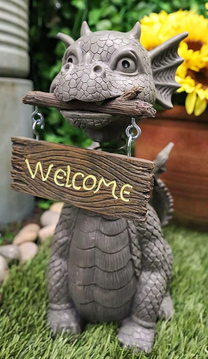 Ebros Gift Bienvenidos Welcome Sign Dragon Garden Greeter Bobblehead Statue Faux Stone Resin Finish 13.25" H