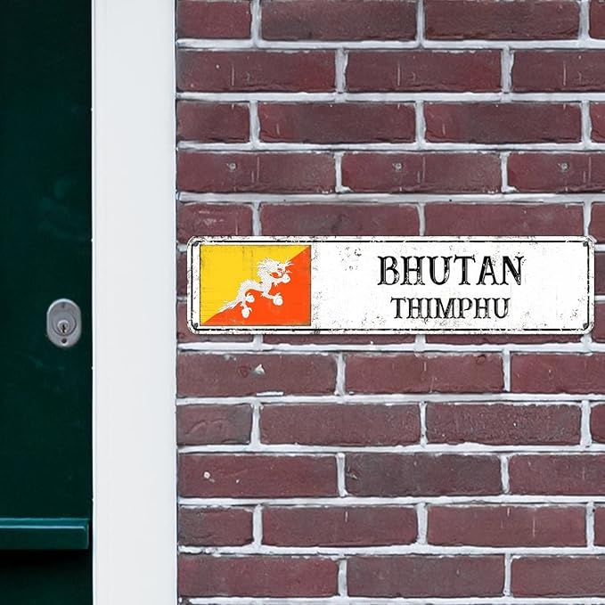 Personalized Bhutan Street Sign Bhutan Flag Signs Capital City of Bhutan Metal Sign Road Rustic Wall Art Country City Indoor & Outdoor Decor for Home Man Cave Door Porch Garden Party 12x3inch