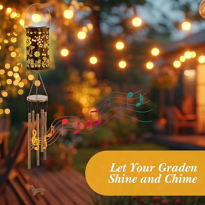 Janinka Dachshund Solar Wind Chimes for Outside, 35'' Memorial Wind Chimes Dachshund Gifts for Women Mom Grandma, Metal Decorative Solar Lantern Windchimes Outdoors Unique Gifts for Garden Decor