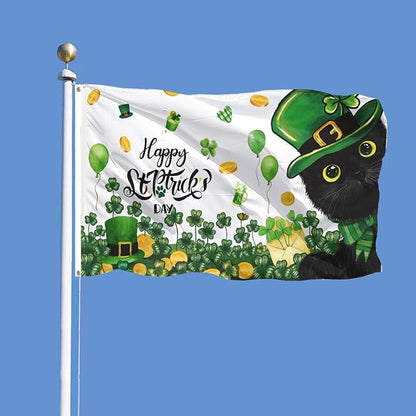 SENSEVEN St Patricks Day Black Cat Flags for Outside 3x5 Ft, Spring Shamrock Green Flag, Clover Spring Yard Flag Kitten Holiday Outdoor Banner for Farmhouse Decor, St Patrick's Day Party Supplies