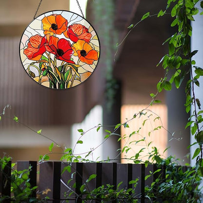 California Poppy Forest Sun Catcher 6'' Stained Glass Window Hanging Flower Lover Gifts for Women Red Poppy Kitchen Decor Suncatcher Decoration for Home Garden Housewarming Gifts