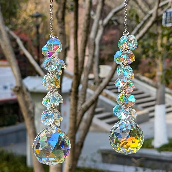 suncatchers Crystals for Windows, 40mm auraro Suncatcher Balls with AB Chandelier Beads Silver Chain, Hanging Crystals for Windows, Ceiling,Wedding, Party,MOM Daughter Gift(2 pcs)