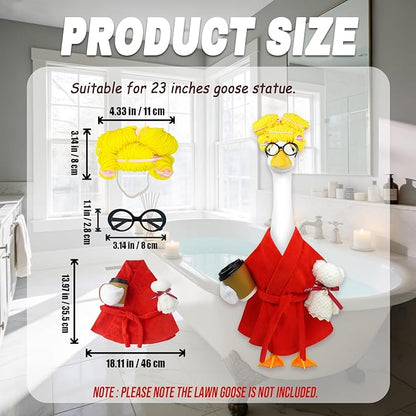 Lady Porch Goose Outfits,Bathrobe Porch Goose Statue Costume with Curlers Reading Glasses Coffee Cup Towel,Cute Goose Clothes for 23-Inch Cement Statue,Lawn Yard Garden Patio Decor（Red）