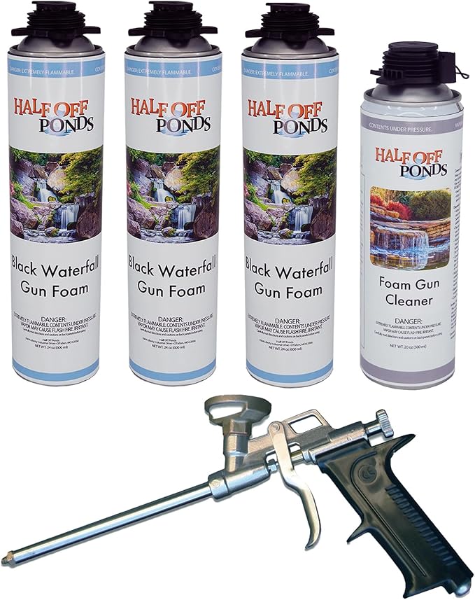 Half Off Ponds Homeowner Waterfall Foam Bundle – (3) 24oz Expanding Foam Cans, (1) Foam Gun Cleaner & Medium Duty Foam Gun – Black Pond Foam Sealant Kit for Koi Ponds, Waterfalls & Rock Gaps