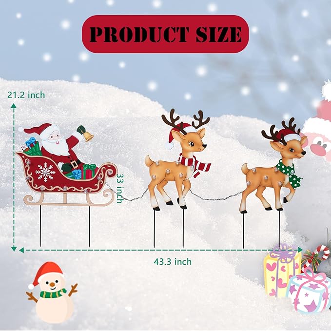 Afirst Christmas Yard Stakes Lighted Up Metal Christmas Outdoor Decorations with Lights Santa Claus On Sleigh Reindeers Lighted Metal Yard Stakes Xmas Garden Stake Lawn Pathway Outdoor Decoration