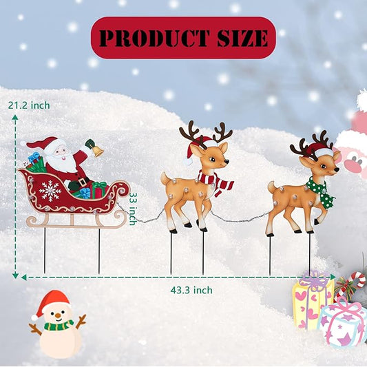 Afirst Christmas Yard Stakes Lighted Up Metal Christmas Outdoor Decorations with Lights Santa Claus On Sleigh Reindeers Lighted Metal Yard Stakes Xmas Garden Stake Lawn Pathway Outdoor Decoration