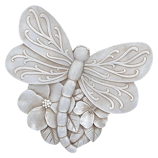 Magnolia Garden 12-Inch Antique White Sculpted Dragonfly Decorative Stepping Stone – 3D Floral Resin Garden Walkway Tile – Weathered Winged Insect Outdoor Accent
