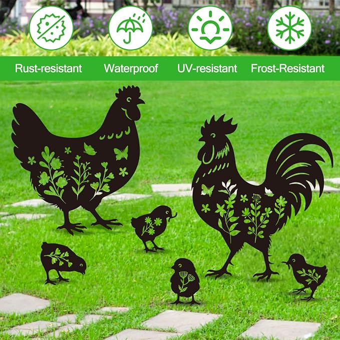 Chicken Garden Stake Outdoor Yard Decor – Set of 6 Metal Chicken Lawn Ornament, Women/Men Rooster Lover Gift, Weather-Resistant Silhouette Statues Yard Art for Patio