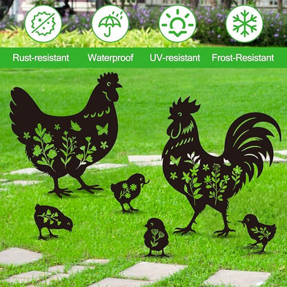 Chicken Garden Stake Outdoor Yard Decor – Set of 6 Metal Chicken Lawn Ornament, Women/Men Rooster Lover Gift, Weather-Resistant Silhouette Statues Yard Art for Patio