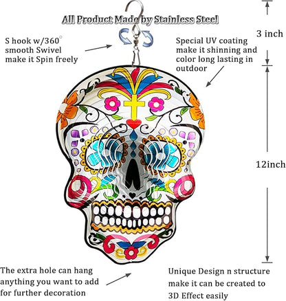 Fonmy Kinetic 3D Metal Garden Wind Spinner Unique Gifts Outdoor Decorations Quality Hanging Ornament for Home and Garden 12inch Mandala Silver Sugar Skull Wind Spinners