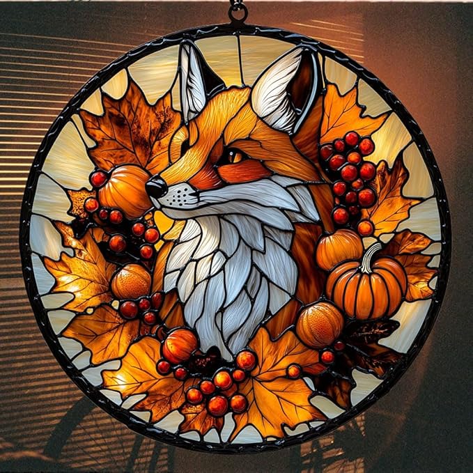 Autumn Lovely Fox Acrylic Suncatcher Stained Glass Effect Window Car Hanging Christmas Ornament Indoor Outdoor Decor Garden Sun Catcher Panel for Fox Lover for Women Mom Grandma