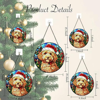 Stained Glass Window Hanging - 6.3 Inches Christmas Tree and A Dog Wearing a Xmas Hat Suncatcher for Garden Home Decor for Women Mon Grandma Friends