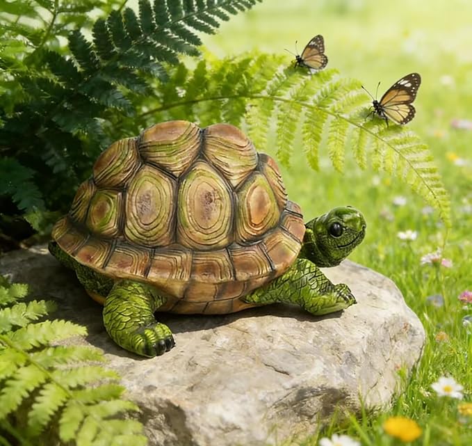 Garden Outdoor Turtle Statue, Resin Garden Sculptures Turtle Decor Realistic Tortoise Figurine for Outdoor Courtyard, Lawn Landscape, Pond,Festival and Birthday Gifts (Green-Right)