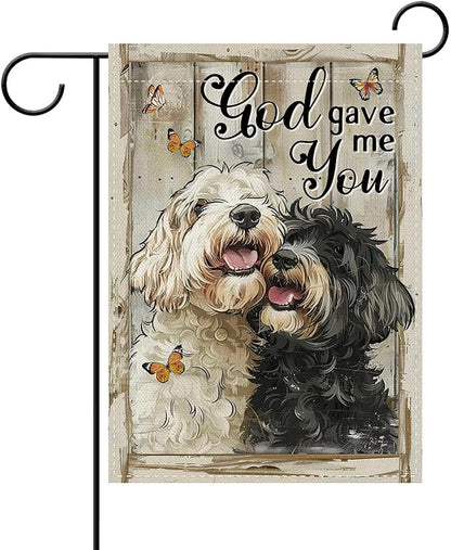 Dyrenson Vintage Labradoodle Dog Christian Decorative Garden Flag, Retro Religious God Gave Me You Yard Outside Home Decoration, Farmhouse Outdoor Small Decor Double Sided Pet Owner Lover Gift 12 x 18