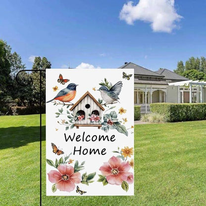 Gkyygk Welcome Garden Flag Home Bird House Flower Butterfly Banners Double Sided 12x18 Inches Farmhouse Holiday Outside Decorations Burlap Yard Flag