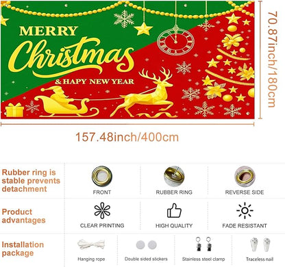 IVN Christmas Garage Door Cover Decoration 13x6ft Snowy Night Trees with Green Red Sleigh Scene Deer Merry Christmas Garage Door Banner Home Door Front Yard Decor for Xmas Eve Holiday Outdoor
