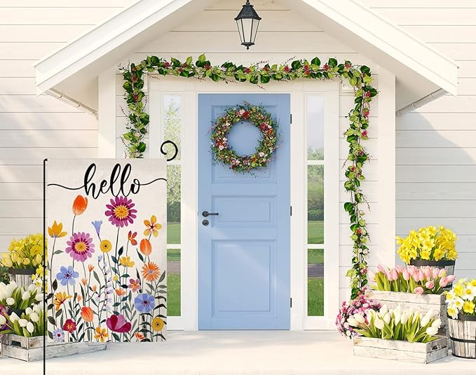 Hello Spring Floral Garden Flag 12x18 Vertical Double Sided Colorful Flowers Summer Farmhouse Holiday Outside Decorations Burlap Yard Flag BW257