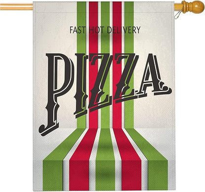 Mugod Retro Pizza Decorative House Flag Double Sided 28 x 40, Italian Food Red Green Striped Large Burlap Outdoor Flag Garden Yard Outside Decoration