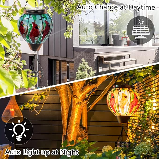 Starsoul Solar Wind Chimes for Outside, Cardinal Hot Air Balloon with Flickering Flame Solar Wind Chime, Glass Windchimes Outdoors Garden Decor, Gift for Mother's Day Mom Grandma