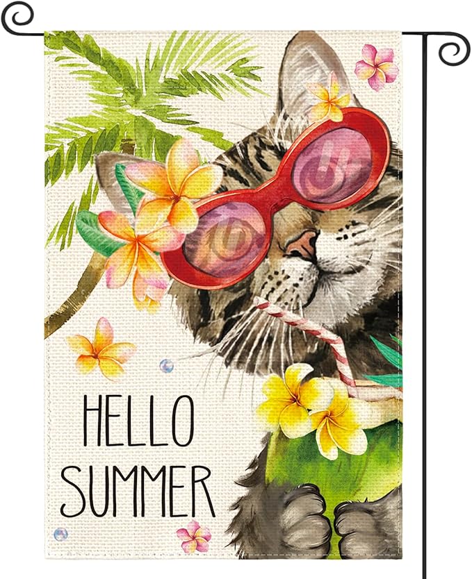 AVOIN colorlife Hello Summer Floral Cat Garden Flag 12x18 Inch Double Sided Outside, Party Holiday Burlap Yard Outdoor Decoration