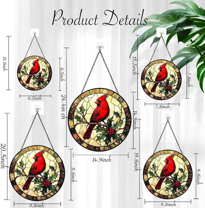 Stained Glass Window Hanging Ornament, The Red Bird Stopped on The Branch 6.3 Inches Suncatcher for Window Home Decor Bithday Christmas Monther's Day Gifts for Women Men and Mom