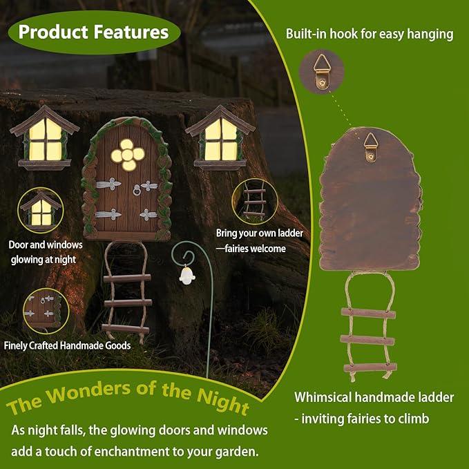 Fairy Door and Windows for Trees Outdoor, Glow in The Dark Fairy Doors Miniature Fairy Garden Accessories, Yard Art Sculpture Decoration Fairy Garden Decor with Lantern for Outside, Patio (Ladder)