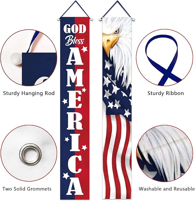 Deroro 4th of July God Bless America Patriotic Eagle Porch Banner Sign, Memorial Day American Flag Stars Stripe Front Door Decorative Hanging Welcome Banner, USA Decoration Home Outdoor Yard Decor