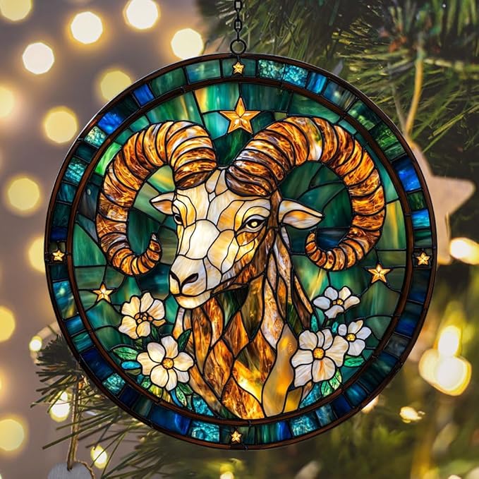 Vivid Aries Mosaic Floral Art Acrylic Suncatcher Stained Glass Effect Window Car Hanging Christmas Ornament Indoor Outdoor Decor Garden Sun Catcher Panel for Zodiac Lover for Women Mom Grandma