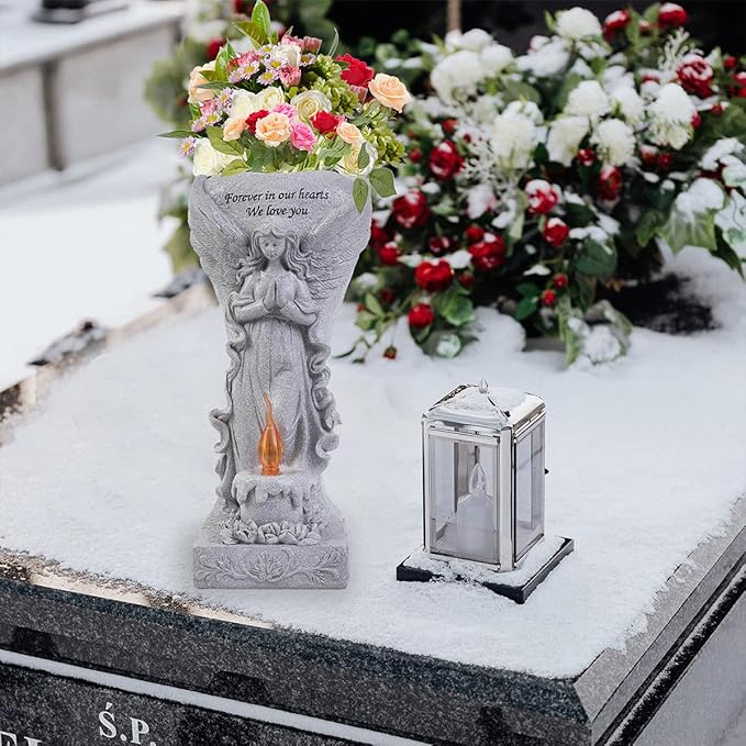 Cemetery Commemorative Gift - Garden Angel Statue with Solar Lights and Vases, Prayer Angel Vase,Angel Garden Statues Outdoor Decor, Tomb Cemetery Decoration