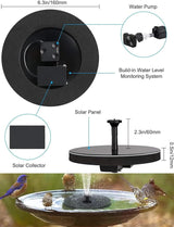 Solar Bath Fountain with 6 Nozzles 1.4w Upgraded Powered Floating Water Pump Free Standing Submersible for Bird Garden Pond Pool Lawn Fish Tank Outdoor Use