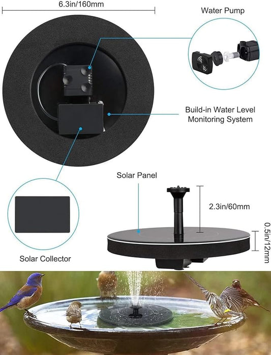 Solar Bath Fountain with 6 Nozzles 1.4w Upgraded Powered Floating Water Pump Free Standing Submersible for Bird Garden Pond Pool Lawn Fish Tank Outdoor Use