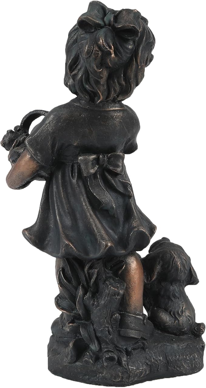LuxenHome Garden Decor Statue,23" Fiber Stone Girl and Puppy Outdoor Statue, Bronze Garden Sculpture, Outdoor Art for Patio Courtyard Backyard Decor, House Warming Gifts