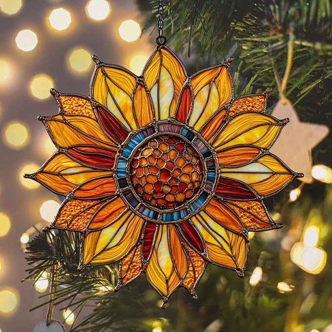 Sunflower Faux Tiffany Acrylic Suncatcher Stained Glass Effect Window Car Hanging Christmas Ornament Indoor Outdoor Decor Garden Sun Catcher Panel for Sunflower Lover for Women Mom Grandma
