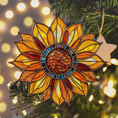 Sunflower Faux Tiffany Acrylic Suncatcher Stained Glass Effect Window Car Hanging Christmas Ornament Indoor Outdoor Decor Garden Sun Catcher Panel for Sunflower Lover for Women Mom Grandma