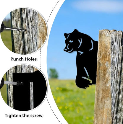 Black Bear Decor Metal Yard Art Tree Decorations 11.65" x 9.06"Outdoor Metal Wall Decor for Fence Farm Yard Peeping Animals Decorations