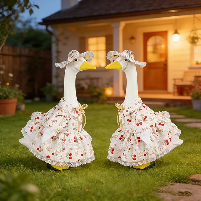 Spring Summer Porch Goose Outfit Set for 23'' Lawn Goose Statue,Strawberry Floral Goose Outfit Lace Sun Hat & Dress Clothes,for Garden Yard Decor (Strawberry Skirt)