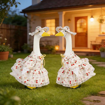 Spring Summer Porch Goose Outfit Set for 23'' Lawn Goose Statue,Strawberry Floral Goose Outfit Lace Sun Hat & Dress Clothes,for Garden Yard Decor (Strawberry Skirt)