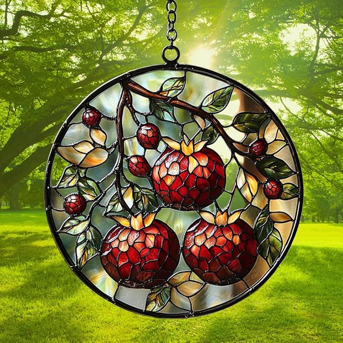 Cottage Pomegranate Acrylic Suncatcher Stained Glass Effect Window Car Hanging Christmas Ornament Indoor Outdoor Decor Garden Sun Catcher Panel for Acrylic Suncatcher Lover for Women Mom Grandma