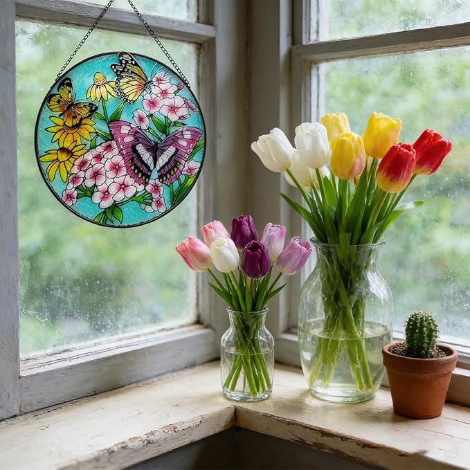 7.87" Sun Catchers Indoor Window,Butterfly Stained Glass Window Hanging, Window Suncatcher Hanging Ornaments Wall Art, Hand-Painted Glass Panel Home Decor (Butterfly A)